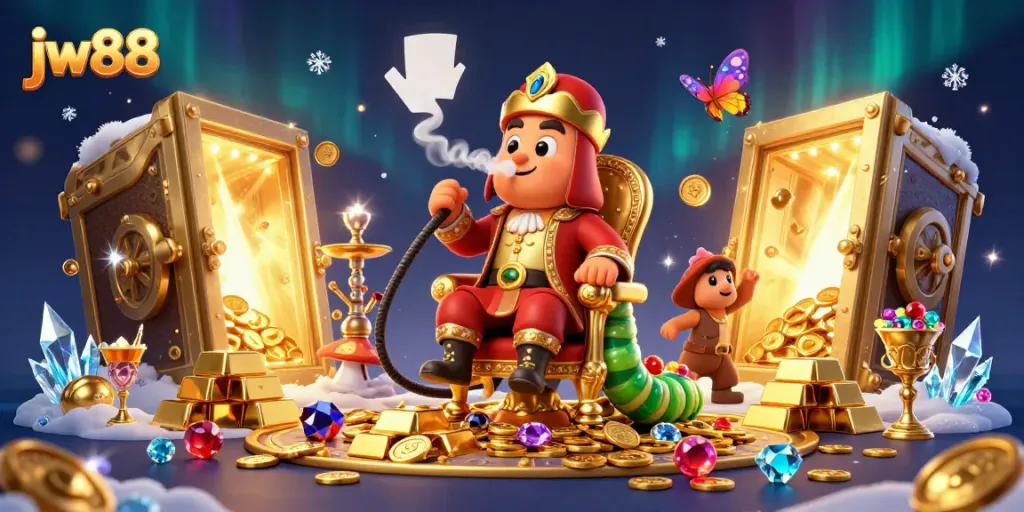 Engage with jw88 casino excitement, featuring a lavish caterpillar master in a gem-filled environment.