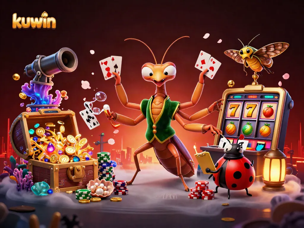 Engage in thrilling kuwin gaming with a vibrant 3D illustration featuring a mantis dealer and colorful slot game elements.