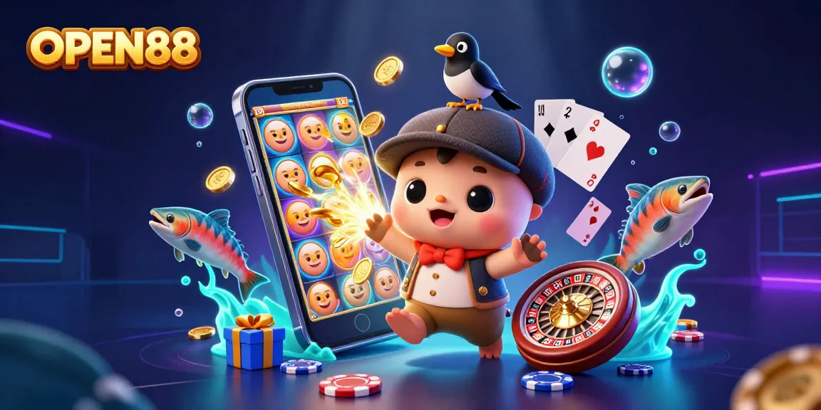 Experience the excitement of winning at OPEN88 with playful characters and vibrant casino elements.