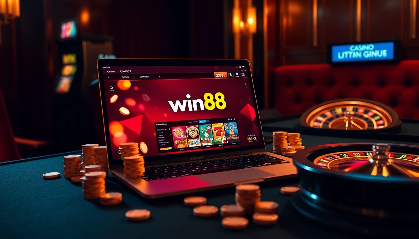 Experience the thrill of win88 as players strategize around luxury casino elements like poker chips and slot icons.