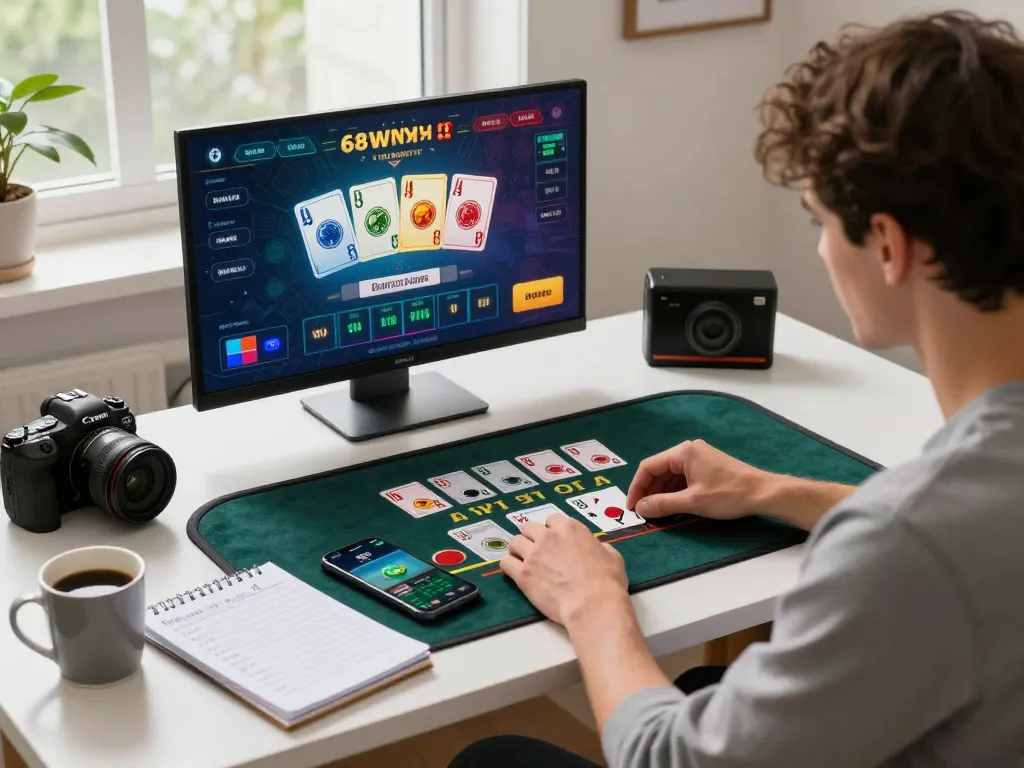 Player strategizing for a winning hand at 68win's online blackjack game while enjoying a home setup.