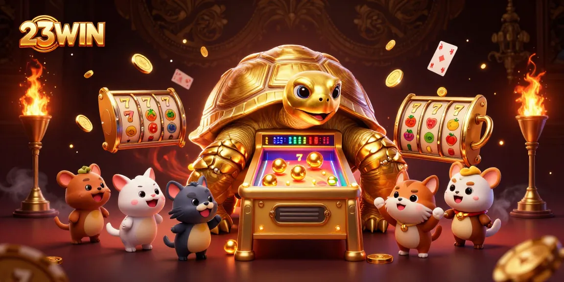 Engage with dynamic slot games at 23WIN featuring a colossal golden tortoise and exciting animated elements.