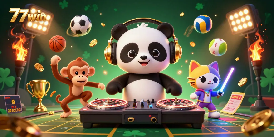 Experience thrilling gaming adventures with 77win in this vibrant casino scene featuring a DJ panda and a dancing monkey.