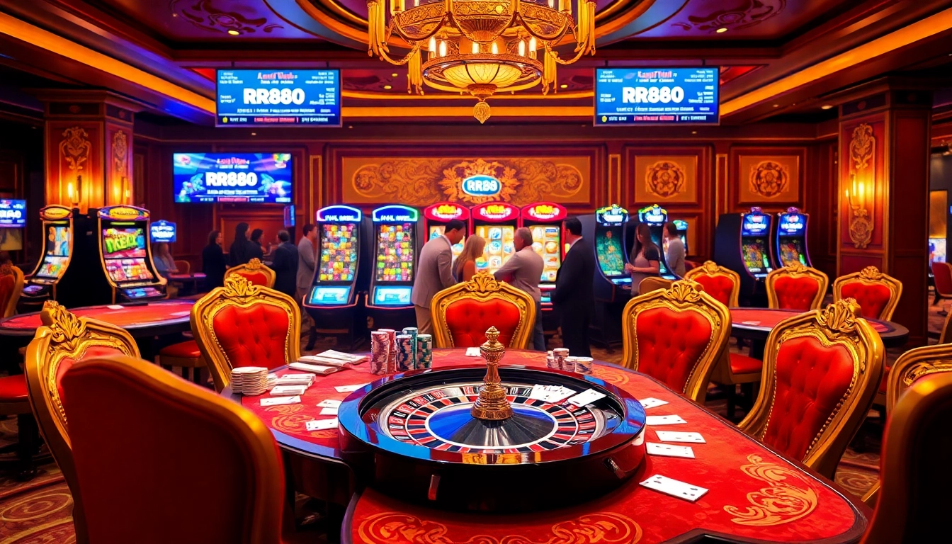 Experience the excitement of vibrant gambling at RR88 Trang Chủ with poker chips and roulette wheels.