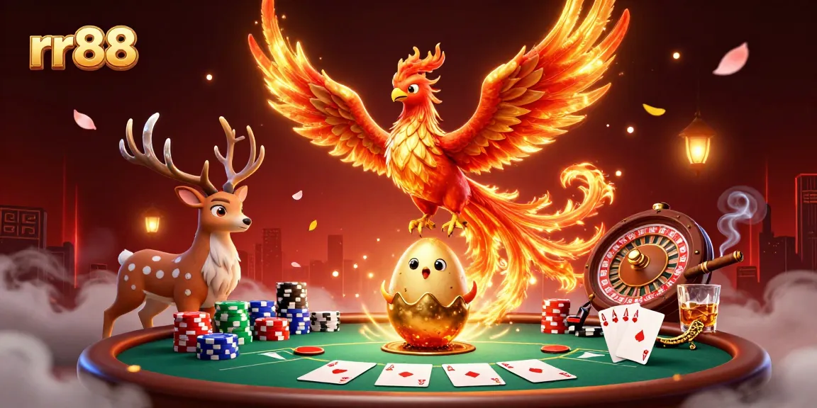 Experience the vibrant allure of rr88 casino games with a dynamic scene featuring phoenix and poker elements.