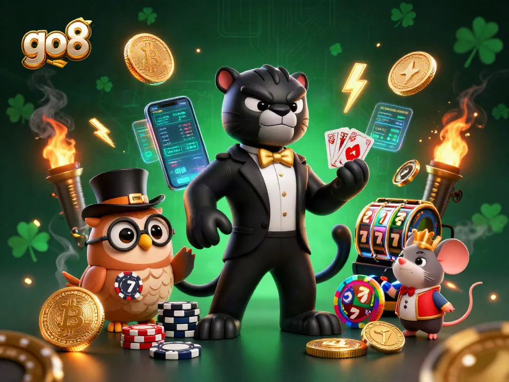 Deal cards at go8 casino with a stylish panther, an owl, and a lucky mouse for a thrilling experience.