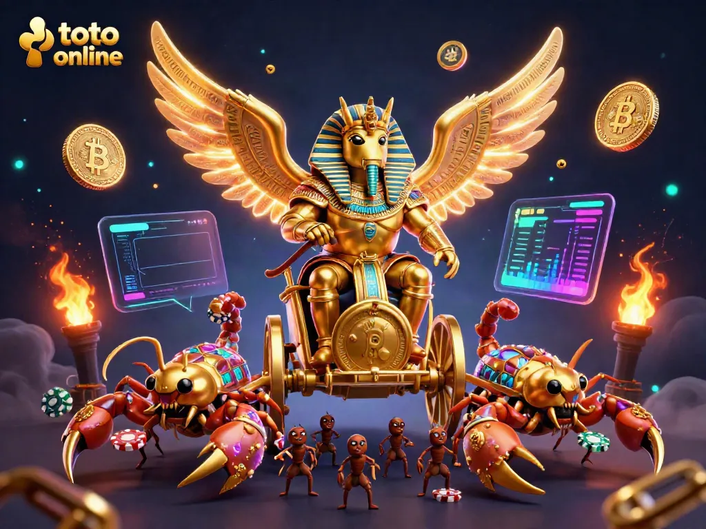 Engage with the thrilling world of toto online in a vibrant 3D illustration featuring a golden scarab beetle, scorpions, and cryptocurrency elements.