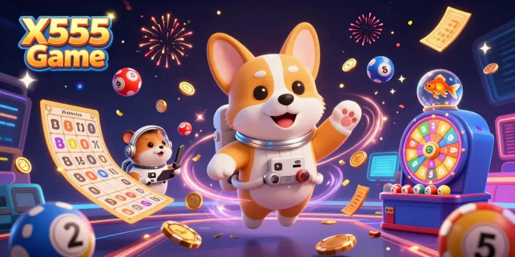 Experience the thrill of X555 Game with a vibrant 3D illustration featuring a charismatic corgi and engaging gameplay elements.