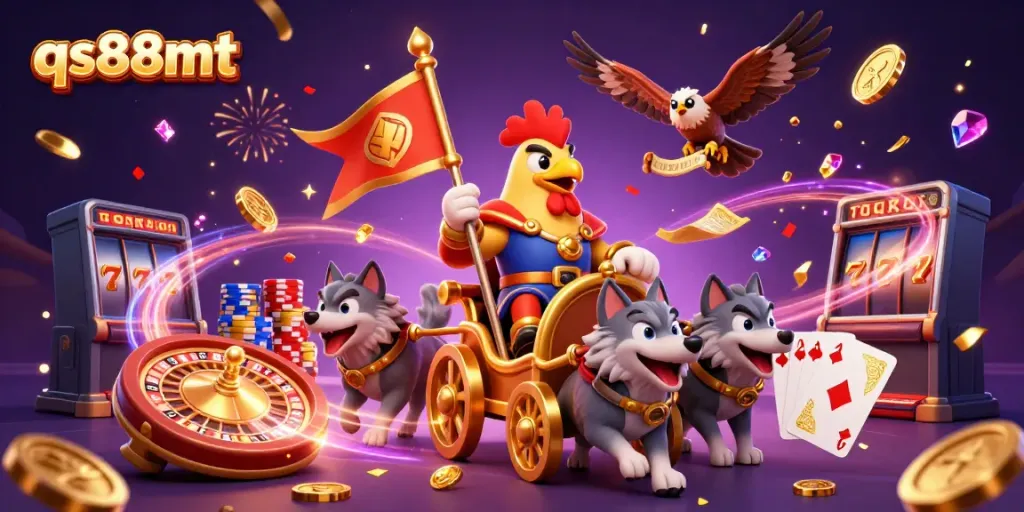 Join the excitement with qs88mt as a rooster warlord leads in a vibrant casino scene filled with gold coins and games.