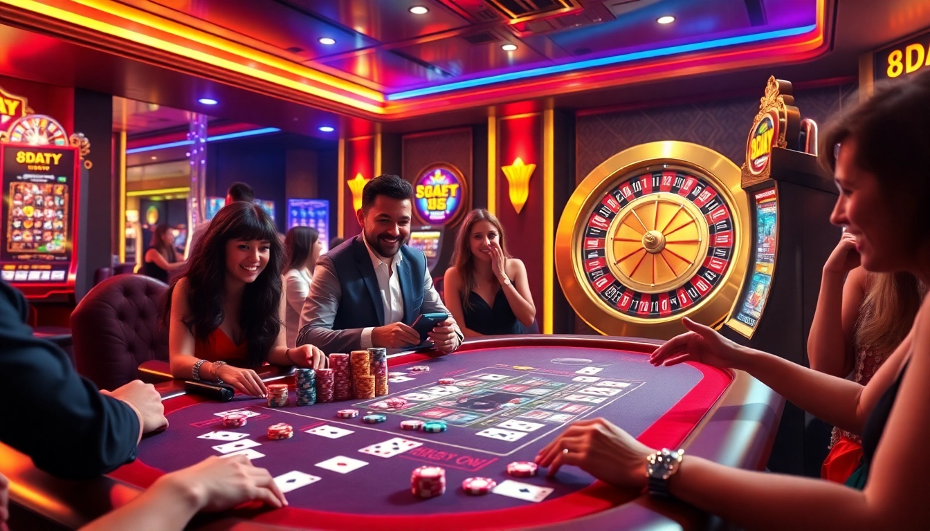 8DAY players enjoying a thrilling casino experience at a vibrant gaming table with cards and chips.