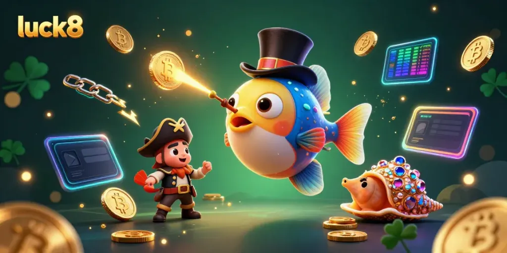 Engage with luck8’s vibrant casino world featuring an anglerfish, shrimp, and sea snail amidst glowing crypto coins.