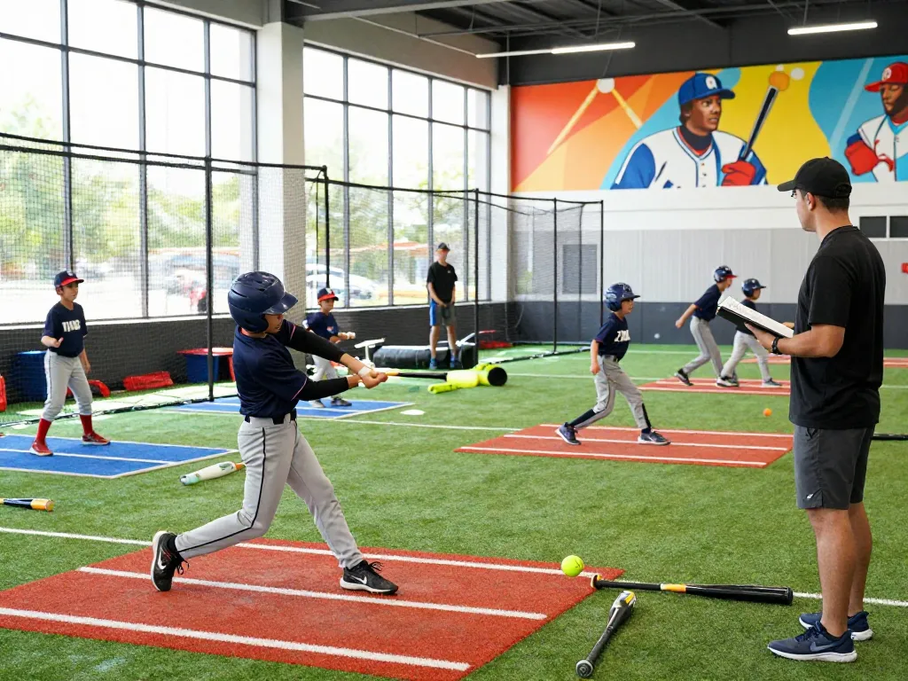 Hitclub training session with young athletes swinging bats indoors