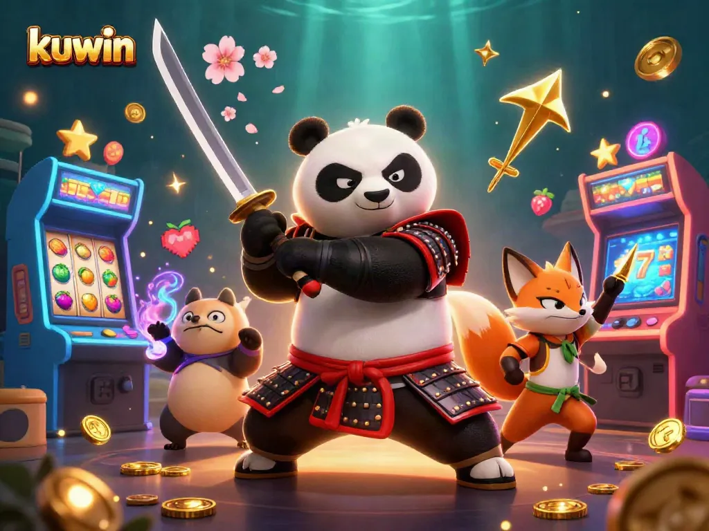 Kuwin reveals an exciting casino scene with samurai panda, ninja fox, and golden shuriken.