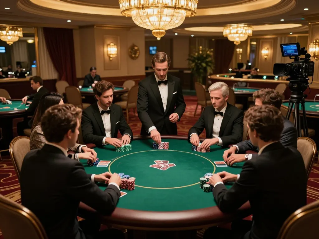 BL555 poker players strategizing in upscale casino setting with luxurious decor.