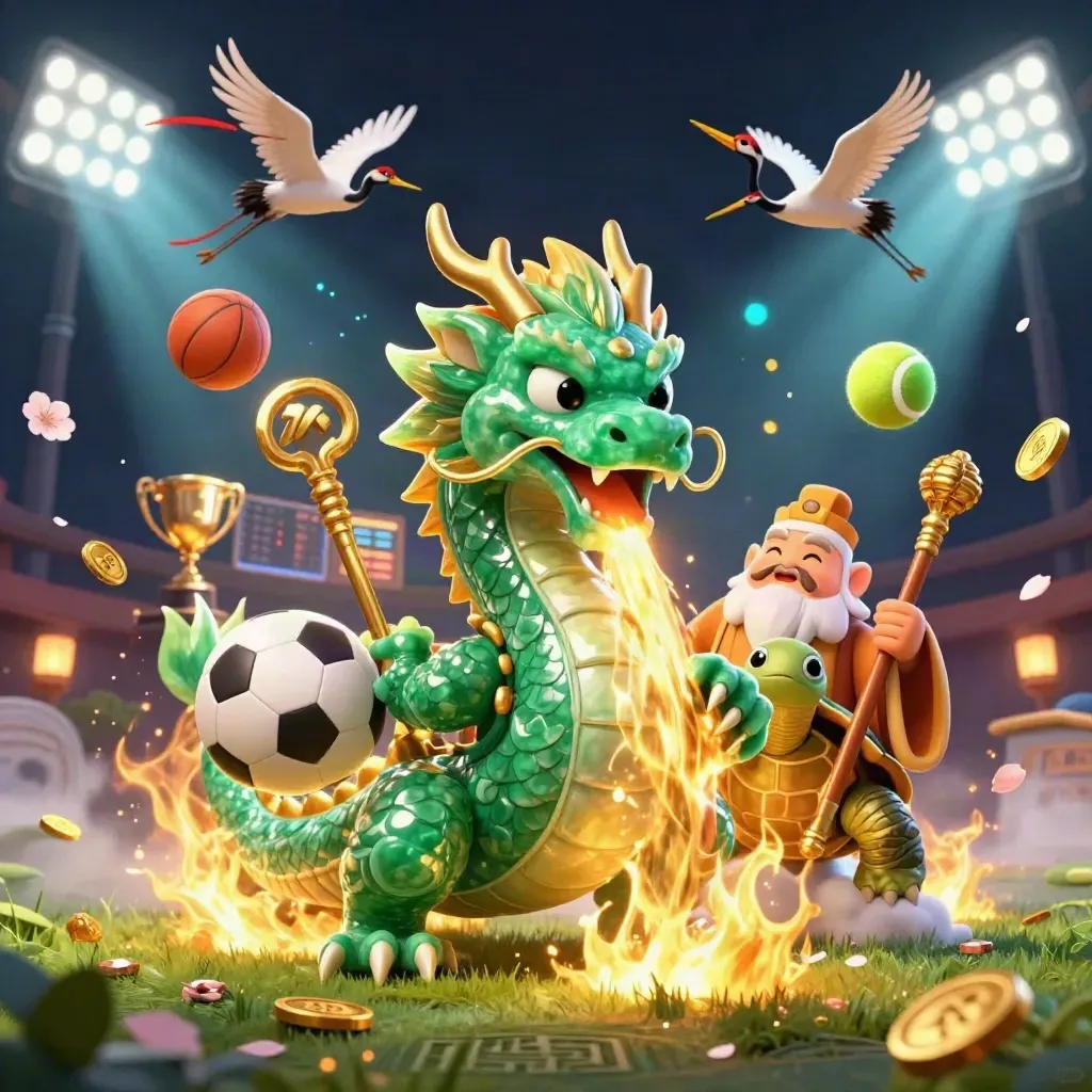 Dragon, turtle sage and cranes amid flying sports balls, gold fire and casino lights.