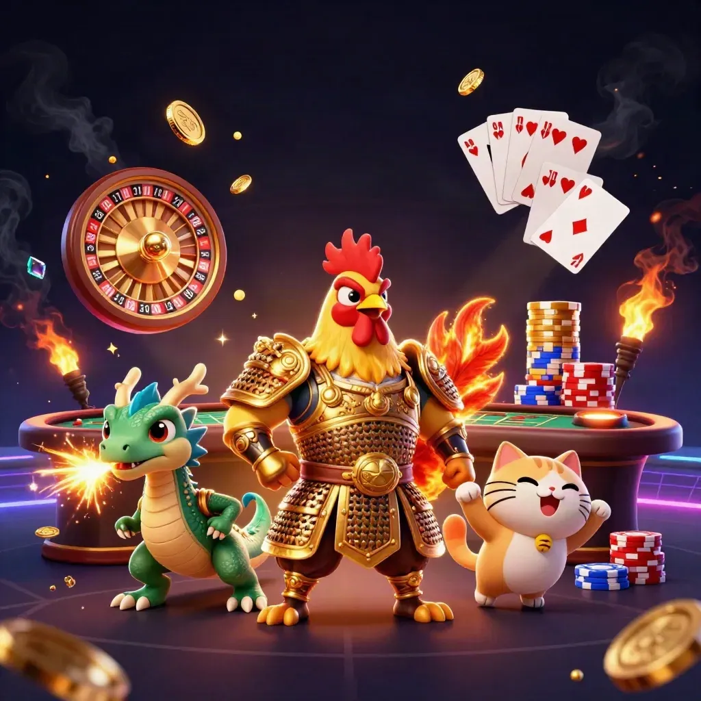 Rooster warrior, dragon hatchling and fortune cat amid casino lights, coins and a spinning roulette wheel.