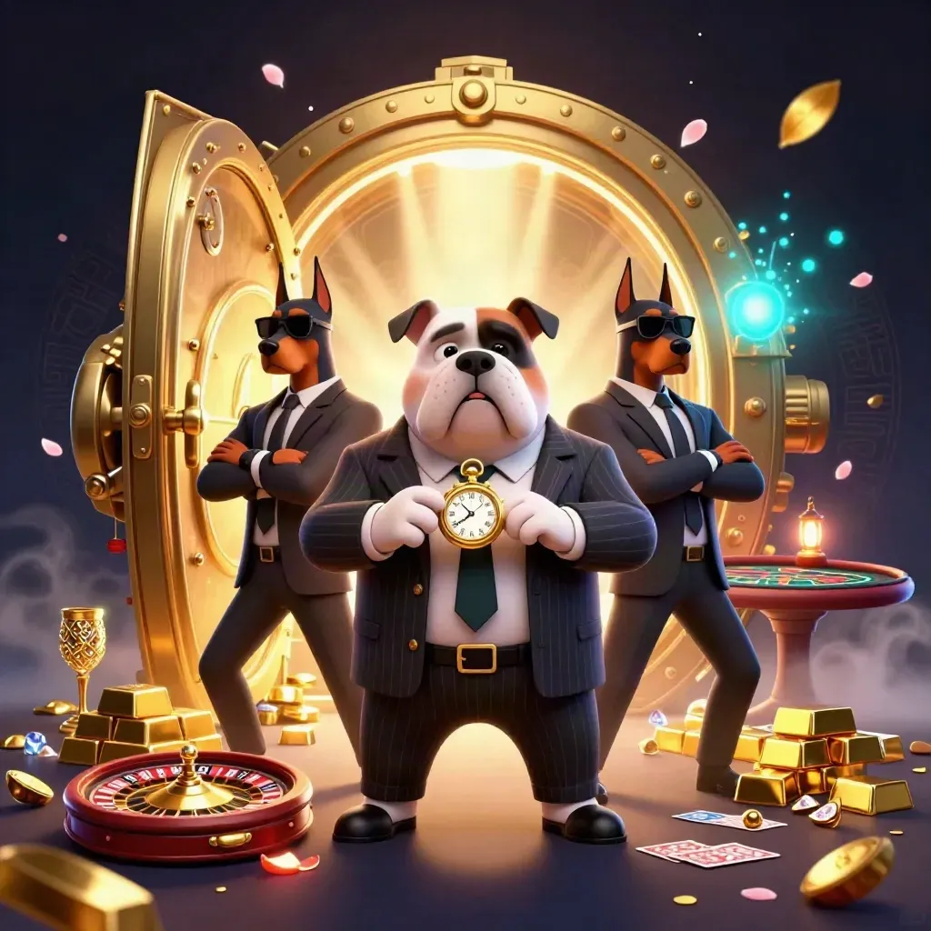 Bulldog boss with Dobermans amid vault gold, jewels, and cinematic casino lights.