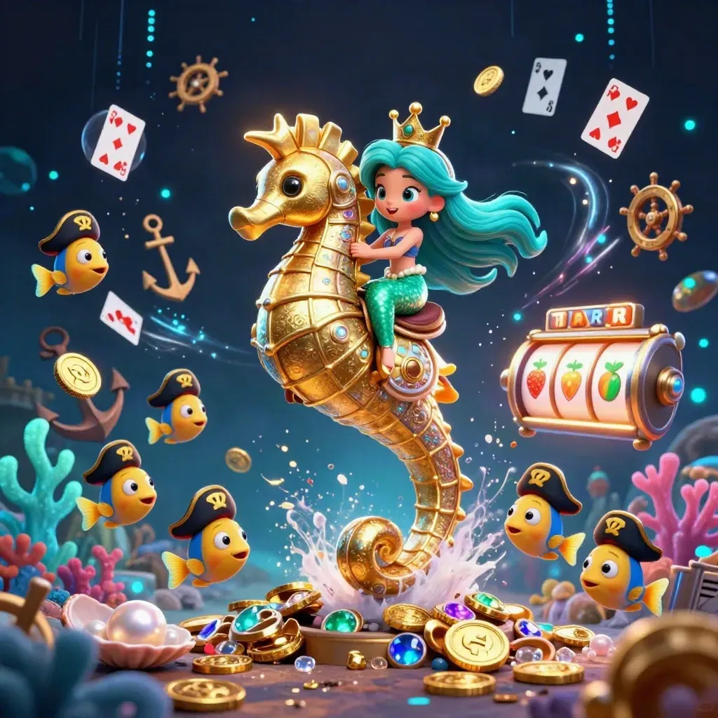 Mermaid princess on armored seahorse amid treasure, fish pirates, casino loot and emerald lightning.
