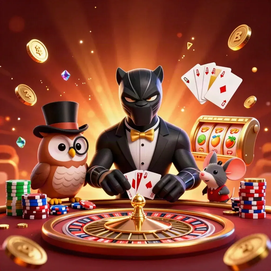 Black panther dealer, owl with chips, mouse in chip stack, roulette wheel and gold bursts