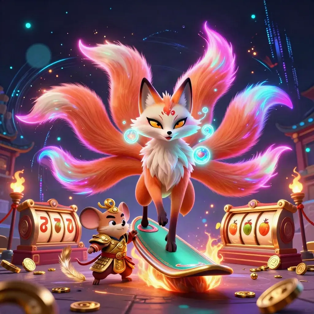 Nine-tailed fox spirit and golden mouse warrior amid neon reels, coins, and an ancient temple gate.