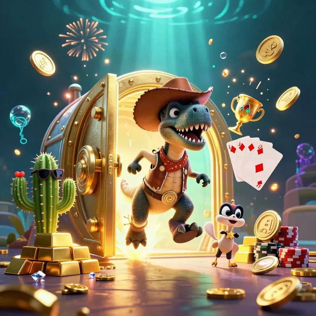 Cowboy T-Rex, cactus sidekick and sheriff roadrunner burst from a golden vault with poker chips.