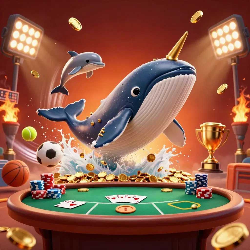 Whale captain, narwhal and dolphins burst from coins amid poker chips, trophy lights and sports balls