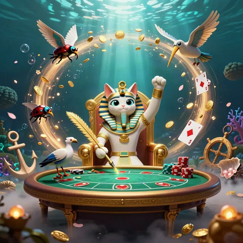 Pharaoh cat, ibis scribe, and gem-wing scarabs amid gold coins, poker chips, and underwater treasure.