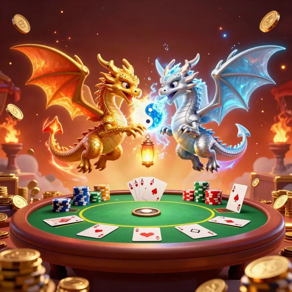 Gold and silver dragons swirl around poker chips, cards, coins, and fireworks