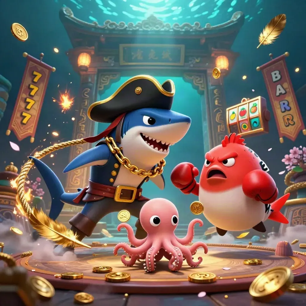 Pirate shark, boxing pufferfish, and juggling octopus in a glowing underwater casino arena.