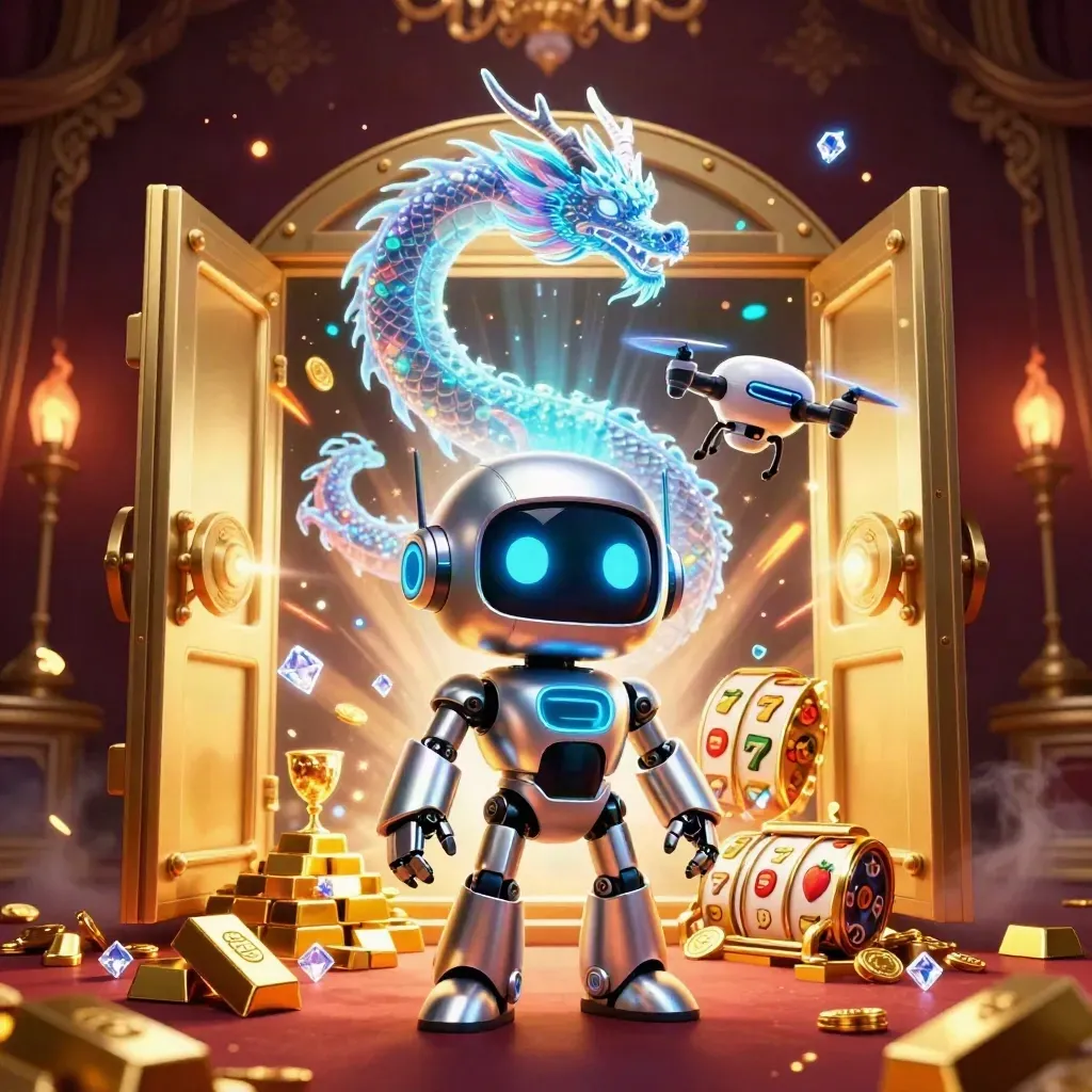 Cyberpunk robot, particle dragon and coin drone amid vault gold and slot reels on a dark luxe casino backdrop.