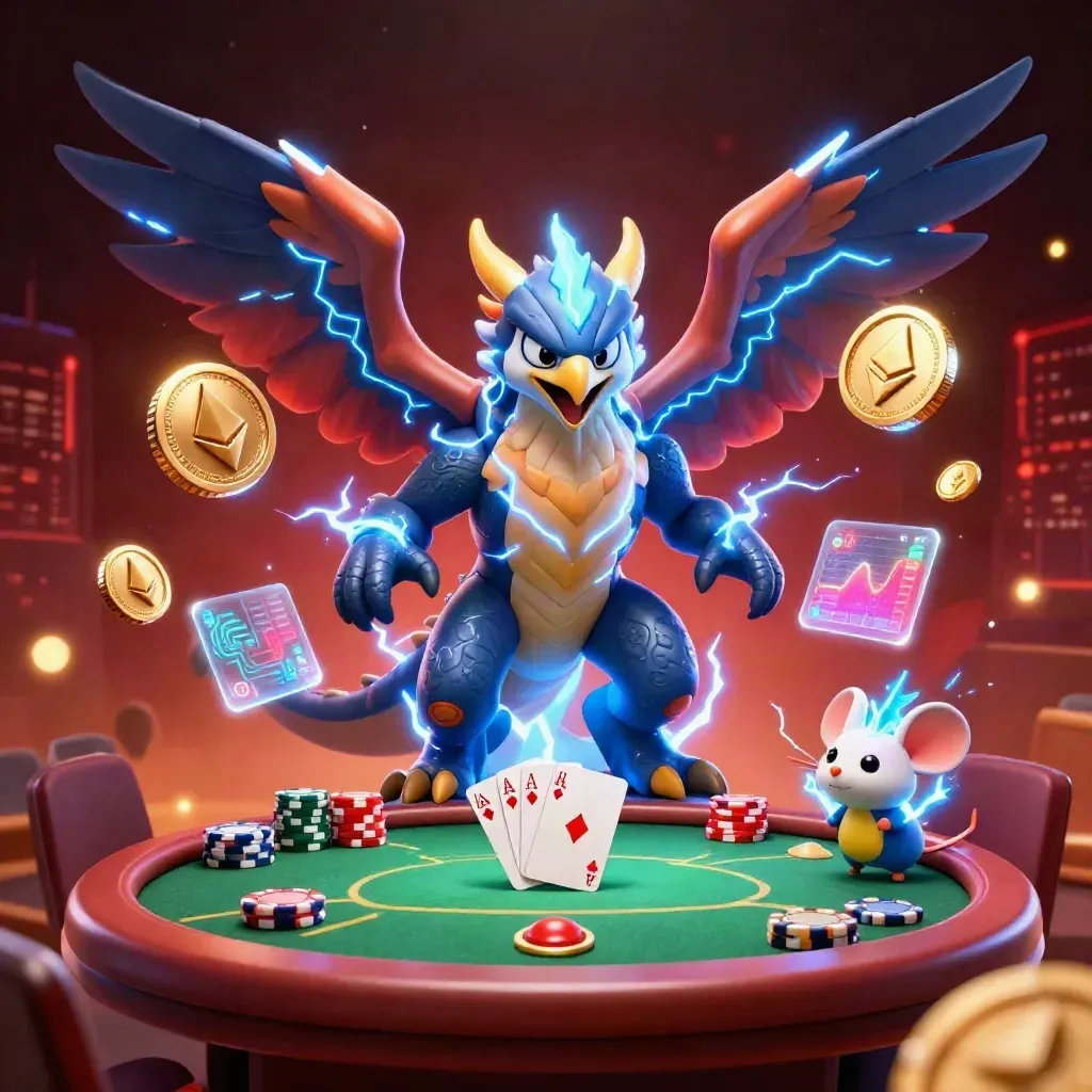 Thunder dragon, glowing hawk and static mouse circle a poker table with chips, coins and neon effects.