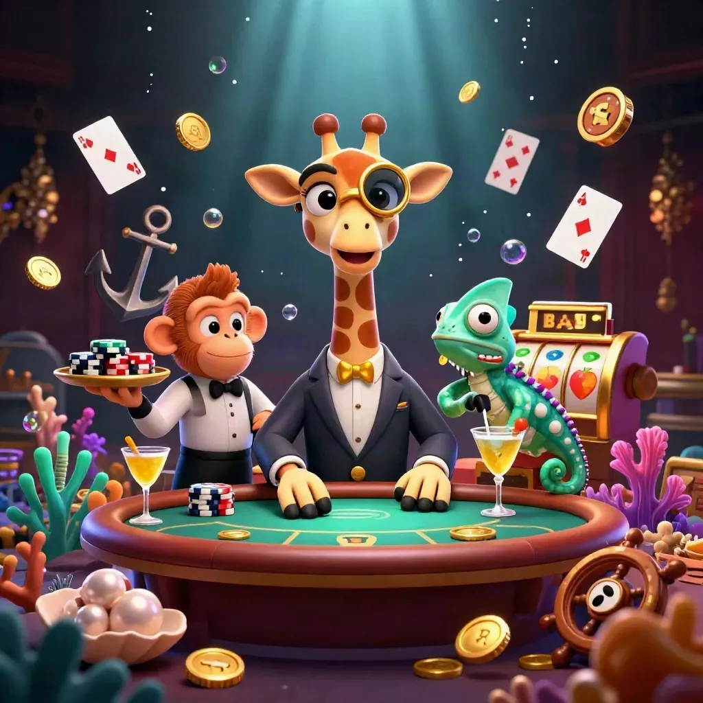 Giraffe, monkey valet and chameleon bartender at a poker table amid treasure, cards and glow