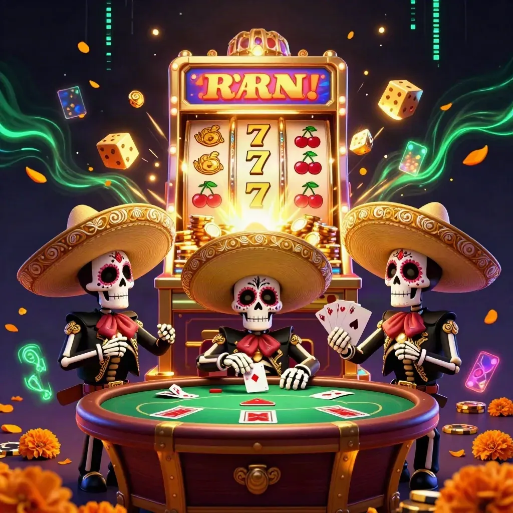 Day-of-the-Dead skeleton mariachi trio with slot machine, poker chips, cards and gold.