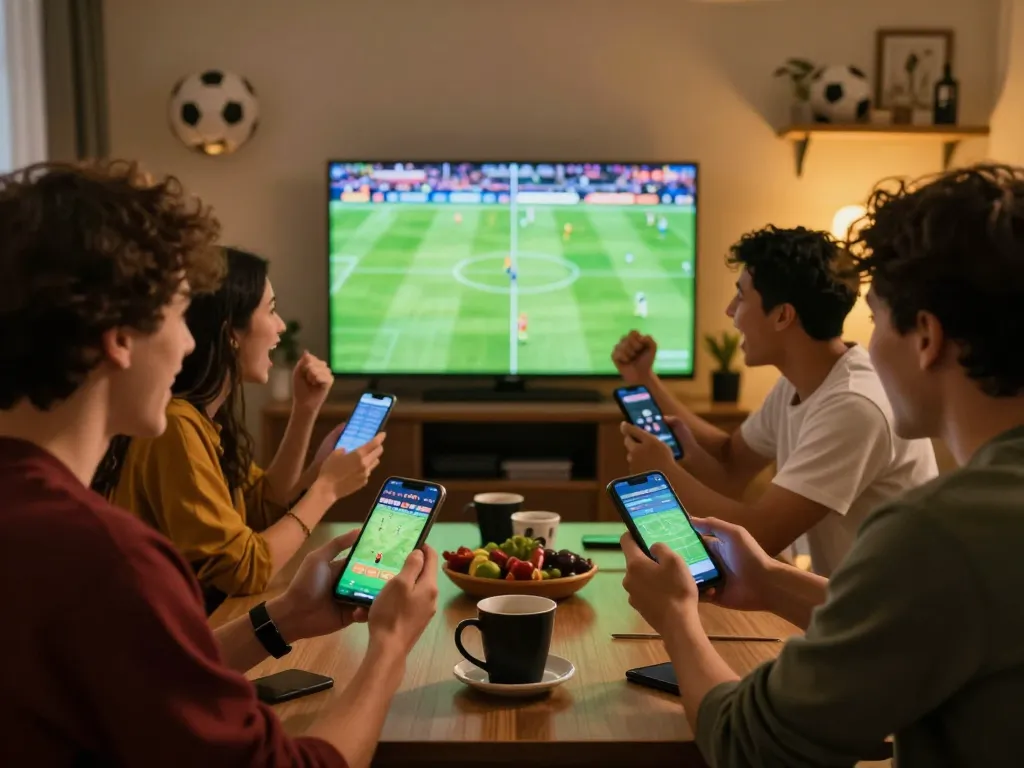 Friends placing football bets enthusiastically while watching a live match on screen.