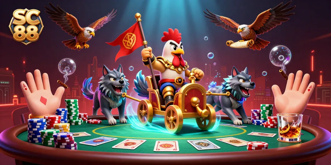 Engage in epic SC 88 casino battles with a rooster warlord and poker chips.