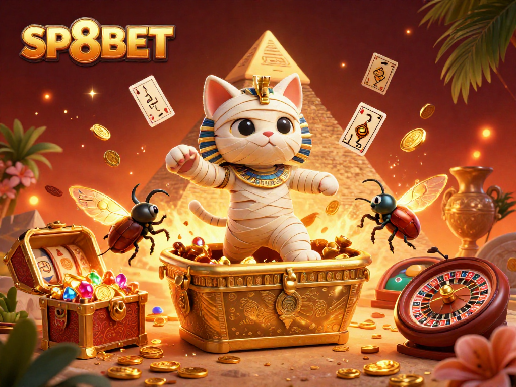 Spin the reels with SP8BET in a dynamic casino scene featuring an Egyptian mummy and vibrant treasures.