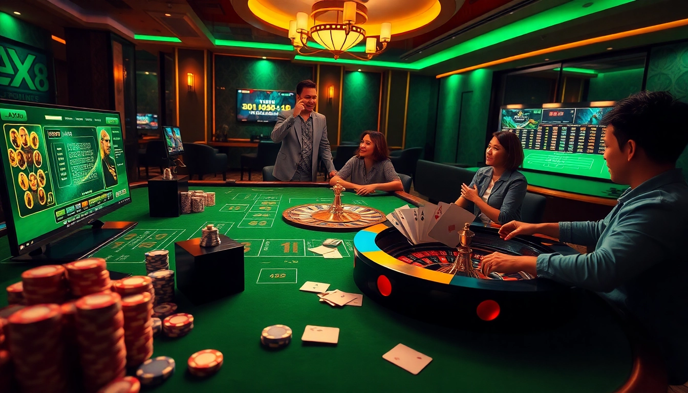 Exciting online gambling experience on https://ax88.bid/ featuring poker chips, roulette wheel, and vibrant betting interface.