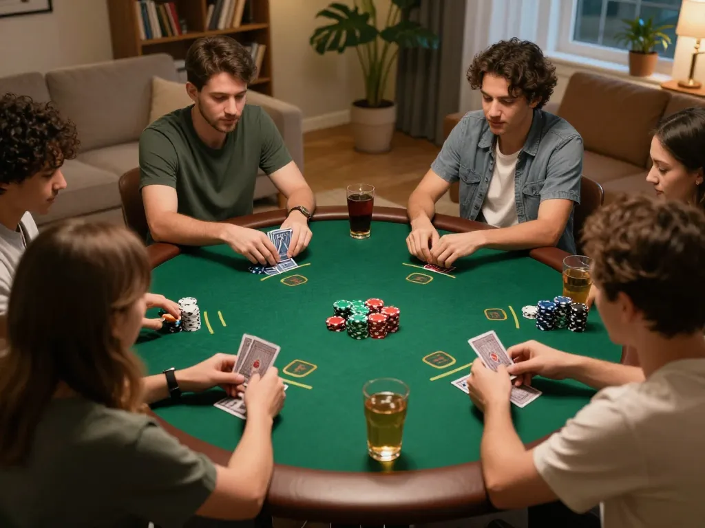 Twin68 players enjoying a thrilling poker game at home with friends, showcasing chips and cards.