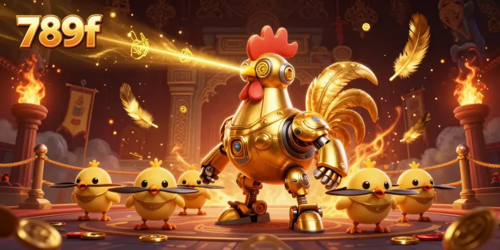 Engage in thrilling gameplay with 789f featuring a futuristic robot and golden betting tokens.