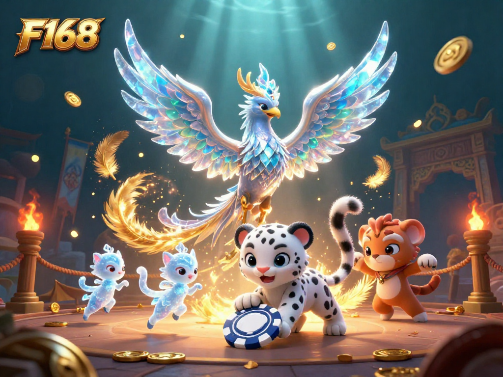 Experience the thrill of F168's casino games with an ice phoenix, snow leopard, and ice sprites in a vibrant scene.