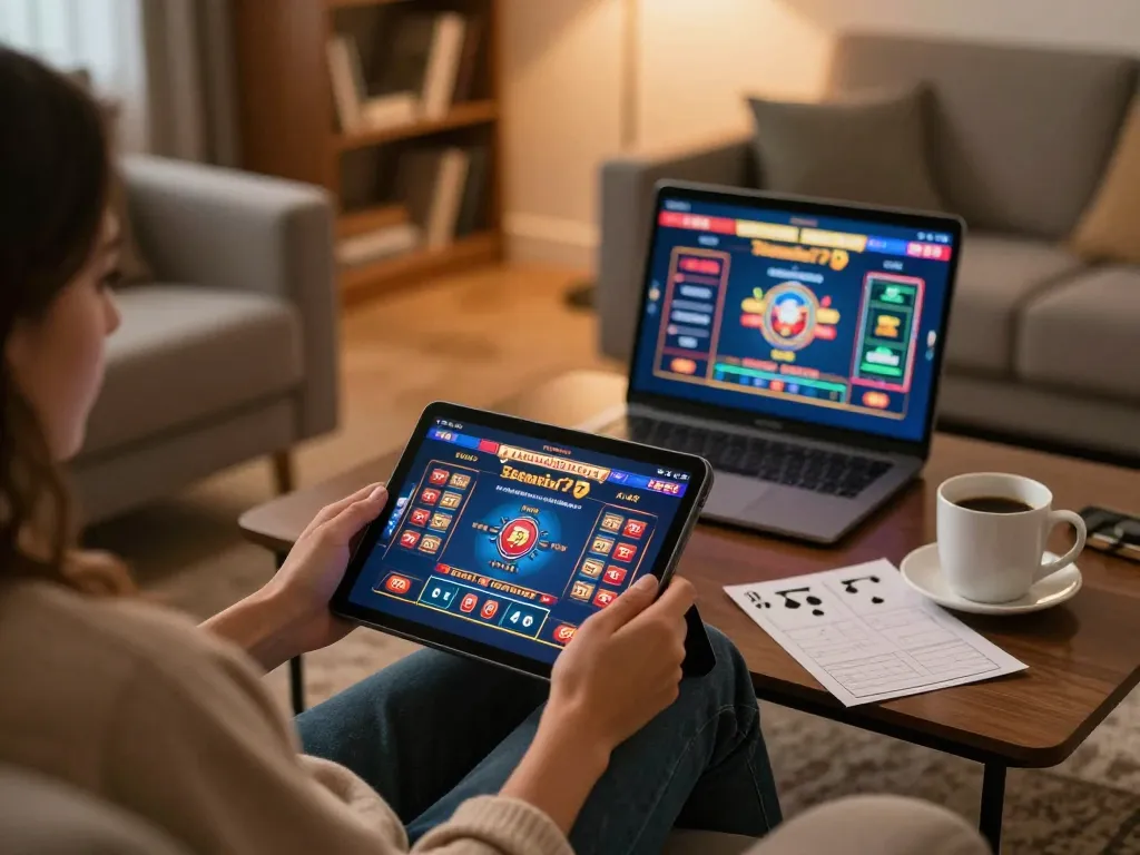 Enjoying an exciting poker game at home on 789win777, a cozy setup with strategy notes and a tablet screen.