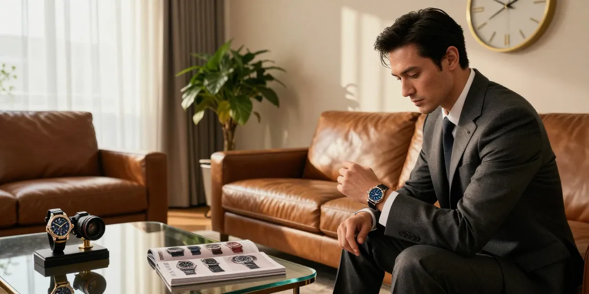 Sophisticated man in a tailored suit showcasing a luxury replica watch in an elegant living room.