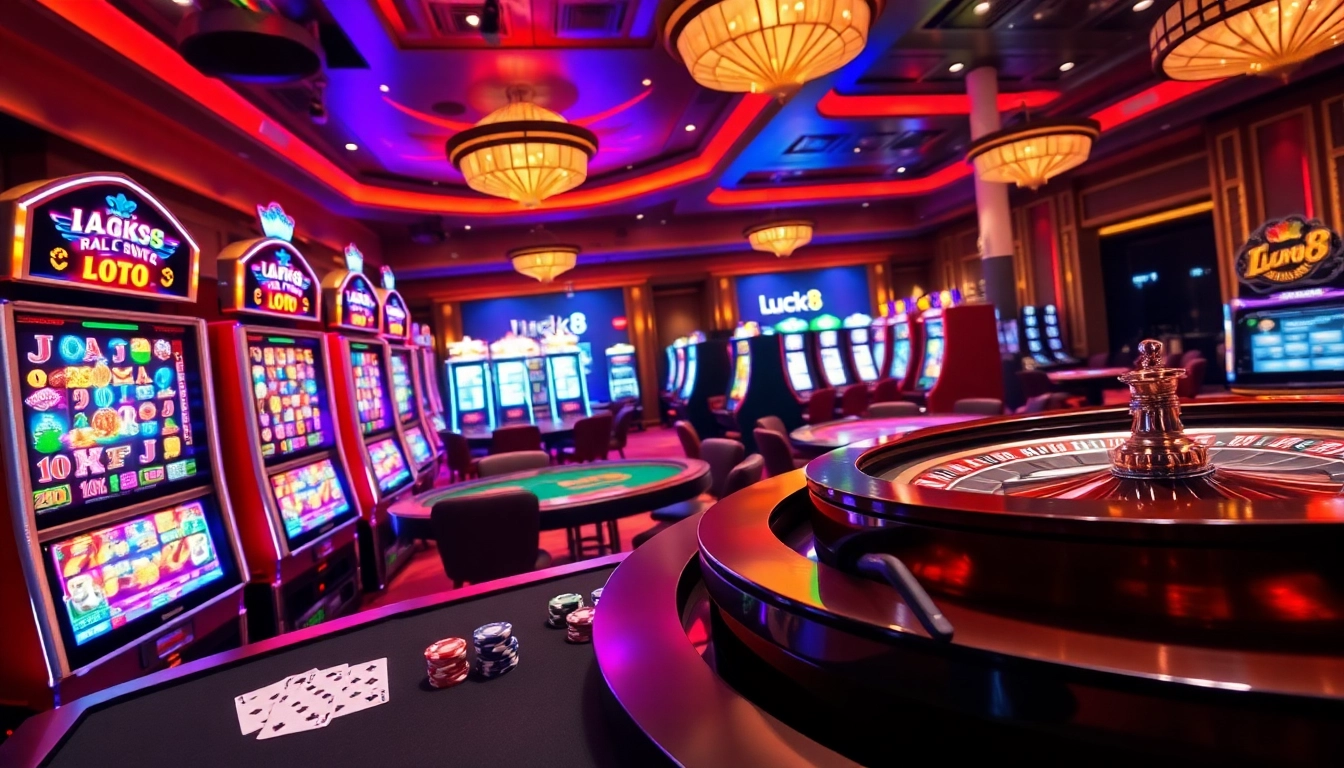 Experience the excitement of luck8 at vibrant casino tables with spinning reels and poker games.