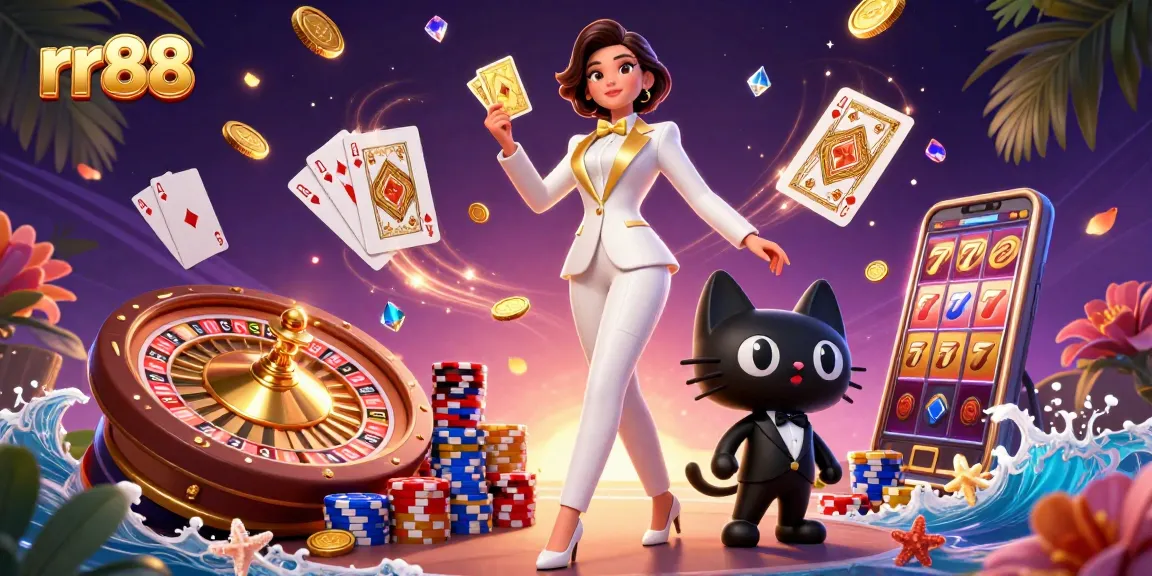 rr88 showcases a glamorous woman in a tuxedo shuffling golden cards amidst vibrant casino elements.
