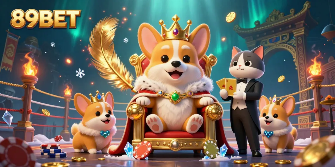 Engage with the vibrant 89BET casino scene featuring royal corgi characters surrounded by dynamic casino elements and gold coins.