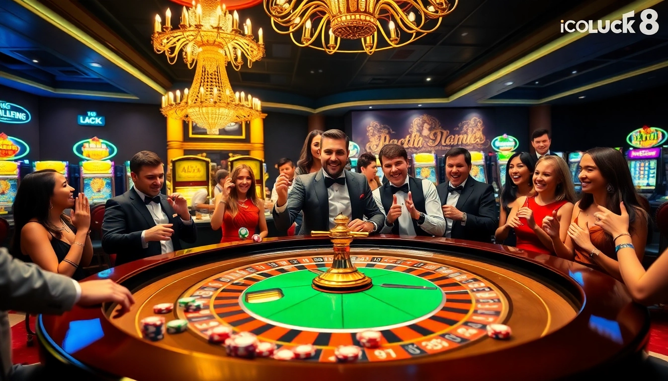Experience the excitement of luck8 with a dynamic casino scene featuring roulette and poker chips.