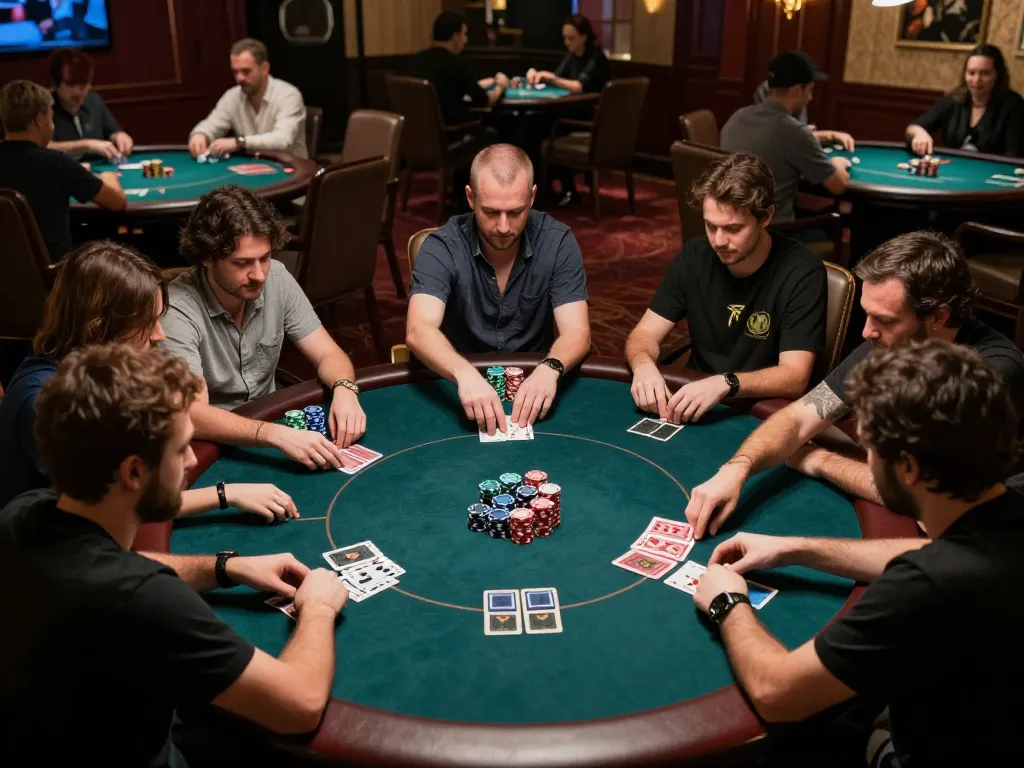 Players engage in a high-stakes poker game at a luxurious casino while resultsfootball impacts betting strategies.