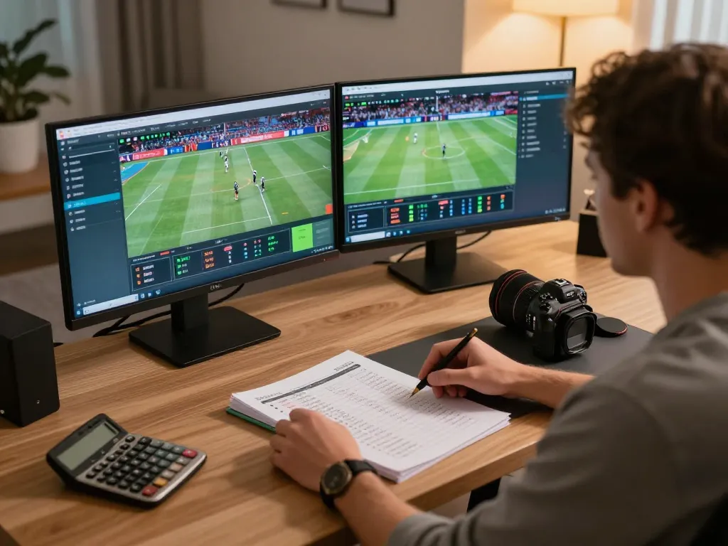 CM88 sports betting experience at home with multiple screens and strategic notes