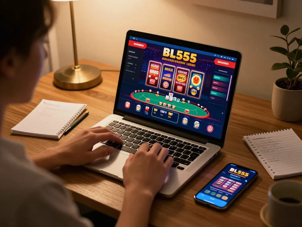 Engaging in strategic online gaming on BL555's platform with a cozy setup and vibrant interface.