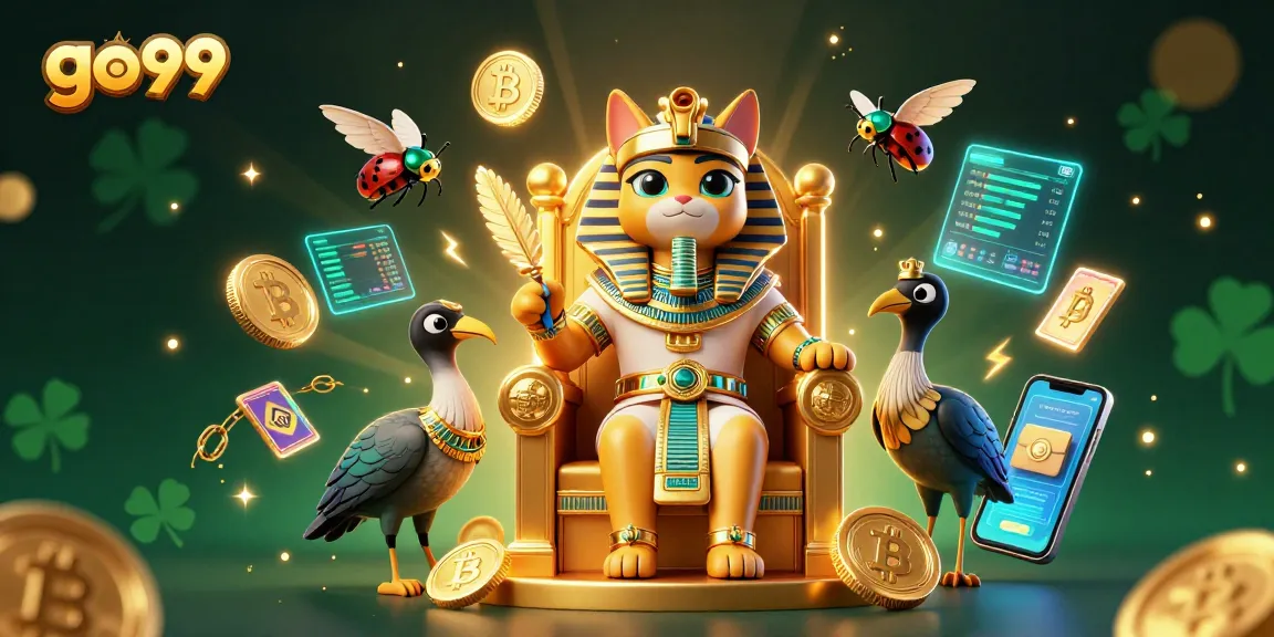 Join the excitement at go99! Experience thrilling games with golden pharaoh cat and floating crypto coins.